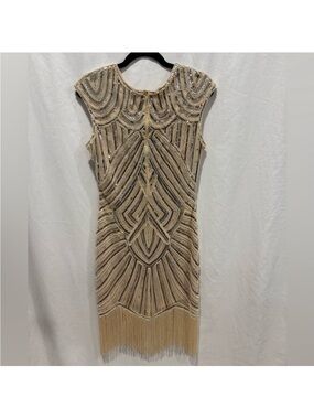 Beaded Fringe Sheath Dress in Champagne